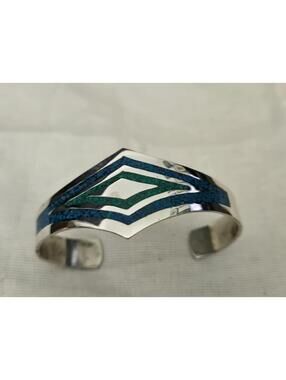 Sterling Silver Taxco Mexico Turquoise Chip Inlay Cuff Bracelet